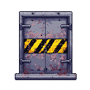 heavy maintenance door in abandoned hospital, yellow and black hazard stripes across the middle, rusted bolts, chipped paint, small warning sign, grime and scratches, horror atmosphere