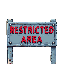 metal sign reading restricted area in faded red letters, bolted to wall, scratches and rust, faint red backlight glow, eerie horror atmosphere