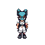 animatronic nurse with teal animal head, one ear missing, blank screen on side of head, sharp grin, white nurse uniform with red cross, exposed mechanical midsection, thin skeletal limbs, and clawed hands.