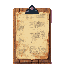 worn clipboard with yellowed papers, faded diagrams and notes, dust and stains