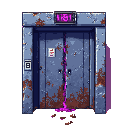 industrial hospital elevator doors in an abandoned building, cracked open with purple light spilling through, rusted metal, scratches, grime, eerie horror atmosphere, cinematic shading