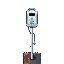 metal iv stand with empty cracked fluid bag, slight rust on base, dusty