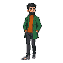 a full-body pixel art rpg character, walking to the southeast. he wears a green coat, orange sweater, dark pants, and gray sneakers. he has a beard and short dark hair. retro style, 16-bit, clean outl