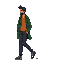 a full-body pixel art rpg character, walking to the southeast. he wears a green coat, orange sweater, dark pants, and gray sneakers. he has a beard and short dark hair. retro style, 16-bit, clean outl