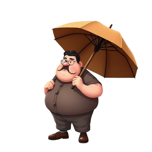 a fat man carrying a wooden umbrella