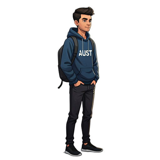 create a high-quality 2d side-view character of a bangladeshi male student wearing black shoes, black jeans, navy blue hoodie with "aust" on the front, and a backpack. clean, detailed, professional