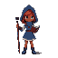 mage girl, brown skinned with red hair. using mage hood. holding a staff one hand and a book in the other hand. clothes in blue colors