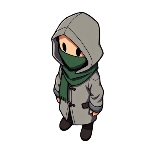 top-down 3/4 view (binding of isaac / enter the gungeon style). single character, facing left (full profile), standing. hooded figure with a thick hood, oval face opening, green scarf covering mouth and chin, only eyes visible (1px each), beige skin. ligh
