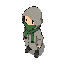 view (binding of isaac / enter the gungeon style). single character, facing left (full profile), standing. hooded figure with a thick hood, oval face opening, green scarf covering mouth and chin, only eyes visible (1px each), beige skin. light grey jacket