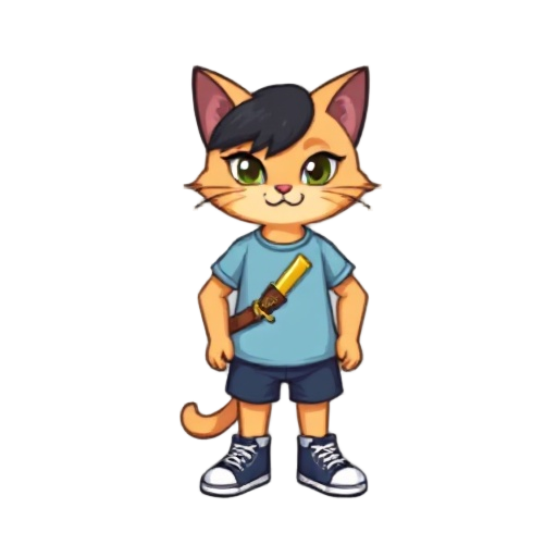 an 8-bit sprite of a beige bipedal cat with black hair on its head and black ears, wearing a light blue t-shirt, dark blue shorts, and converse all star cian. with a golden sword with a leather sheath in the shape of a "/" on the breastplate