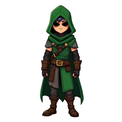 generate an image of a thief. he has a green cloak and hood. he has leather armor with straps and gold buckles. lean build. face hidden by hood. preserve detail. pixel perfect. 16-bit color palette. 