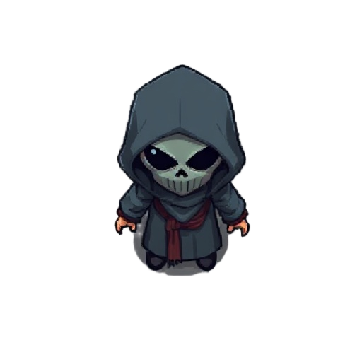 a pixakated character sprite hoddied that has a mask and looks sort of like a cultist a top down character 