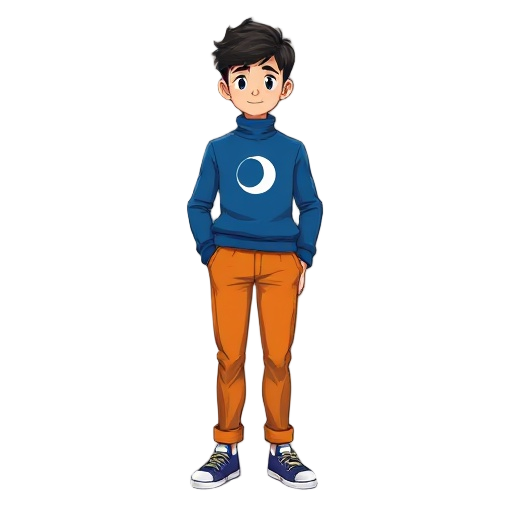 16 year old boy blue turtleneck with moon symbol and orange pants