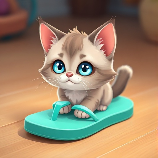 generate an image of cute, small ragdoll cat with light blue eyes and on a flip flop