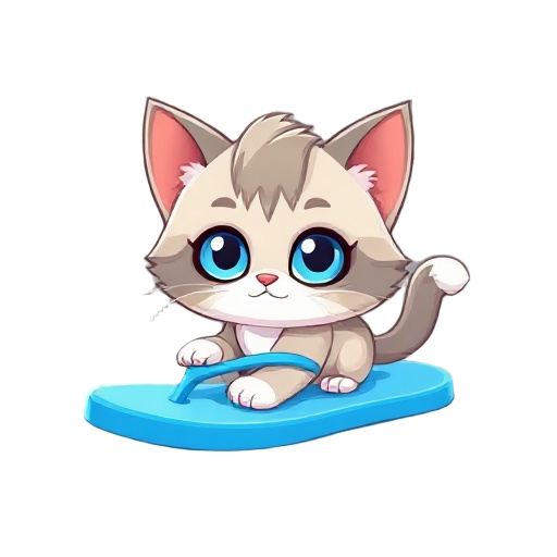 generate an image of cute, small ragdoll cat with light blue eyes and on a flip flop