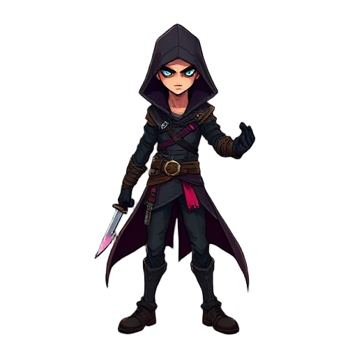 a thief with 2 contrasting daggers. he is thin and agile. the color and theme should be a mix of dungeons and dragons darkness mixed with cyberpunk highlights. 