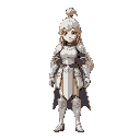 female knight in white armor long blonde hair big chest no cape 