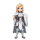 female knight in white armor long blonde hair big chest no cape 