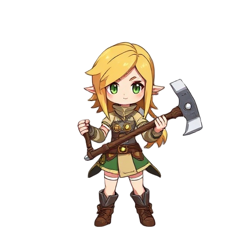 lyza from made in abyss, a small woman with blond hair whielding a pickaxe as a weapon 