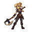 a woman with blond hair draging a really heavy pickaxe on the ground  behind her she is in a aggressive fighting stance