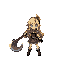 lyza from made in abyss, a small woman with blond hair draging a really heavy pickaxe as a weapon behind her