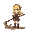 lyza from made in abyss, a small woman with blond hair draging a really heavy pickaxe on the ground  behind her