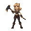 a woman with blond hair draging a really heavy pickaxe on the ground  behind her she is in a aggressive fighting stance