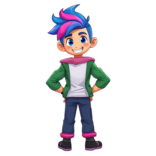 i want a boy with blue and pink hair٫back shirt٫long pants with a green jacket٫muscles aut and with a sharpy teeth smile 