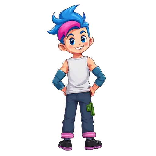 i want a boy with blue and pink hair٫back shirt٫long pants with a green jacket on the pants٫muscles aut and with a sharpy teeth smile 