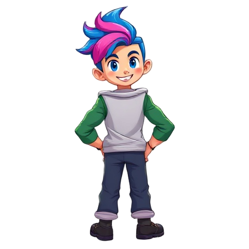 i want a boy with blue and pink hair٫back shirt٫long pants with a green jacket٫ muscles and with a sharpy teeth smile 