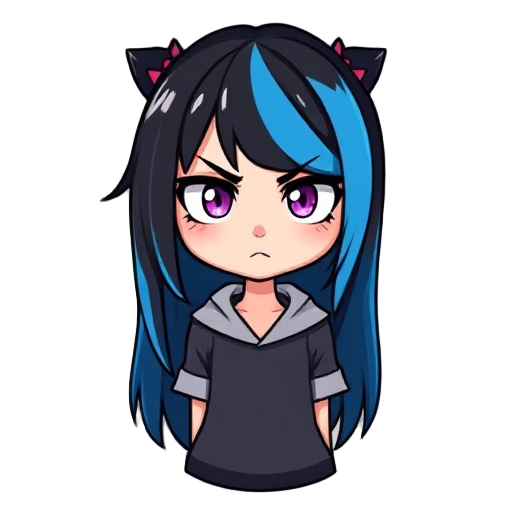 i want a emo girl with black and blue hair with an annoyed face