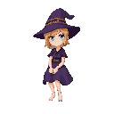 witch girl, blond witch, blue eyes, purple skirt, sitting, short hair, no shoes, staff