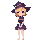 witch girl, blond witch, blue eyes, purple skirt, sitting, short hair, no shoes 