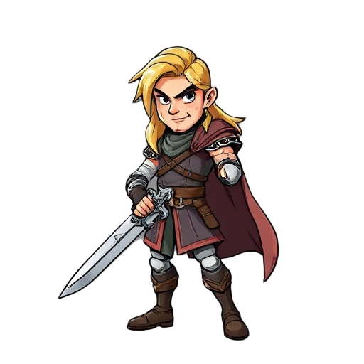 caricature strong male hero character with long blonde hair holding a sword. black outlines. 