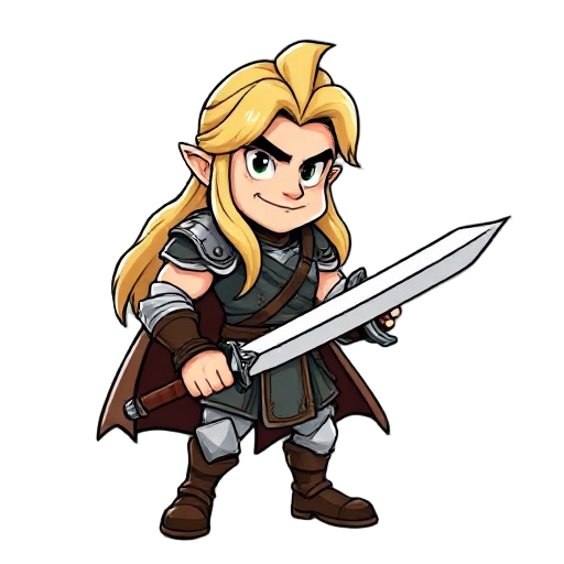 caricature strong male hero character with long blonde hair holding a sword. black outlines. 