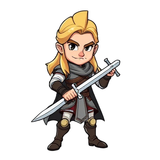 caricature strong male hero character with long blonde hair holding a sword. black outlines. 