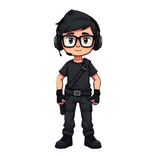 create a character, with headset, glasses and a scapular, wearing pants and a t-shirt, dark style
