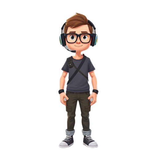 create a character, with headset, glasses and a scapular, wearing pants and a t-shirt.