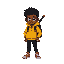 brown skin guy, with black afro. and yellow hoodie, with a black backpack and a black sword in it. black pants and red jordans shoes. he has black eyes. and neutral face.