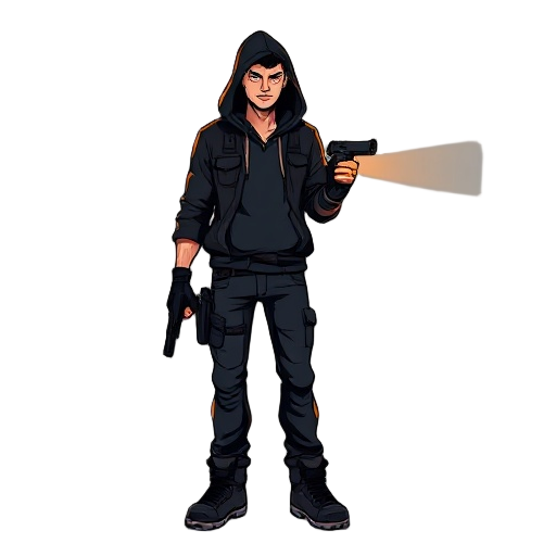 2d side-scrolling game character of a male urban survivor in a zombie apocalypse, wearing a dark hoodie, jeans, gloves, and boots, holding a small pistol and flashlight, athletic build, calm but alert pose, silhouette style with glowing orange highlights,
