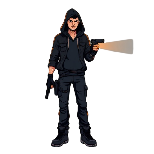 2d side-scrolling game character of a male urban survivor in a zombie apocalypse, wearing a dark hoodie, jeans, gloves, and boots, holding a small pistol and flashlight, athletic build, calm but alert pose, silhouette style with glowing orange highlights,