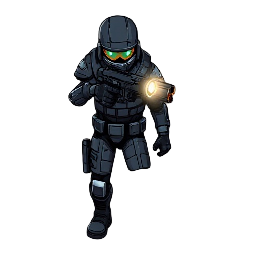dead space style character with metallic armor pointing pistol forward with flashlight walking  slowly