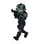 dead space style character with metallic armor pointing pistol forward with flashlight walking  slowly