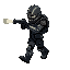 dead space style character with metallic armor pointing pistol forward with flashlight walking  slowly
