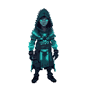neon-cloaked drifter, glowing hindu tattoos, mystical warrior in ruins.