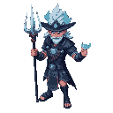isometric art of a silver-haired warrior in a dark blue short jacket with silver patterns, wearing a dark hat. holding a glowing trident like lord shiva, with blue energy swirling around.