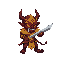 isometric pixel art of a rakshah minion from hindu mythology, scary-looking with dark red skin, glowing eyes, sharp fangs, and ornate golden armor, holding a curved dagger.