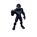 spider-man in his black symbiote suit, standing on a platform in an isometric view, striking an aggressive pose with tense muscles and dynamic stance, ready for action.
