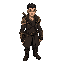 drifter, glowing black hindu tattoos short hair , no facial hair good looking, muscular warrior guarding ancient secrets, clad in worn leather coat, industrial boots, and brass-accented armor.