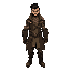 drifter, glowing black hindu tattoos short hair , no facial hair good looking, muscular warrior guarding ancient secrets, clad in worn leather coat, industrial boots, and brass-accented armor.